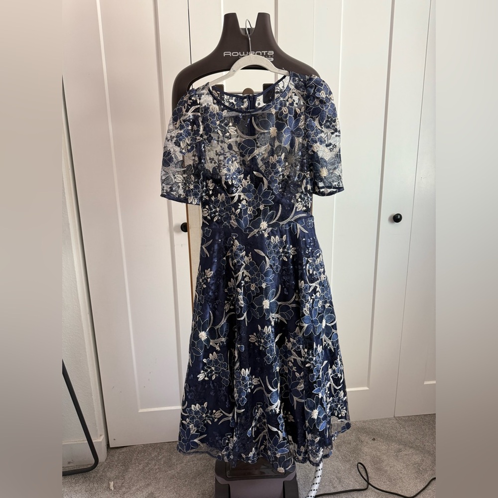 Eliza J Navy & Gold Floral Embroidered Dress (Size 6)